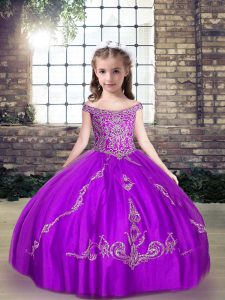 Fashion Floor Length Purple Little Girl Pageant Dress Off The Shoulder Sleeveless Lace Up