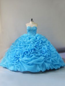Court Train Ball Gowns 15th Birthday Dress Baby Blue Sweetheart Organza Sleeveless Lace Up