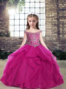 Fuchsia Tulle Lace Up Off The Shoulder Sleeveless Floor Length Kids Formal Wear Beading and Ruffles