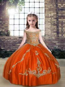 Best Sleeveless Tulle Floor Length Lace Up Pageant Dress for Girls in Orange Red with Beading