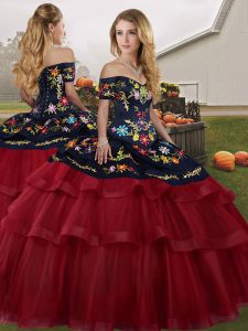 Brush Train Ball Gowns Vestidos de Quinceanera Wine Red Off The Shoulder Tulle Sleeveless Lace Up