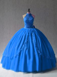 Excellent Ball Gowns Sweet 16 Dress Royal Blue Halter Top Tulle Sleeveless Floor Length Side Zipper