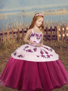 Fancy Fuchsia Sleeveless Embroidery and Bowknot Floor Length Little Girls Pageant Dress