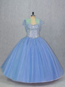 Floor Length Lace Up 15 Quinceanera Dress Blue for Sweet 16 and Quinceanera with Beading