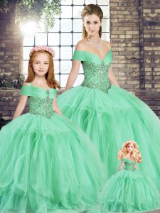 Apple Green Ball Gowns Beading and Ruffles Quinceanera Dress Lace Up Tulle Sleeveless Floor Length