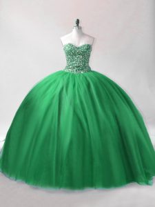 Stylish Dark Green Ball Gowns Beading Quinceanera Gowns Lace Up Tulle Sleeveless Floor Length