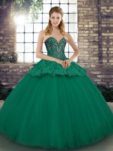 Popular Sleeveless Tulle Floor Length Lace Up Quinceanera Dress in Green with Beading and Appliques