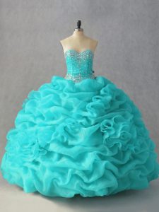 Inexpensive Sweetheart Sleeveless 15 Quinceanera Dress Floor Length Beading and Pick Ups and Hand Made Flower Aqua Blue Organza