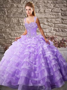 Sleeveless Beading and Ruffled Layers Lace Up Quinceanera Gowns with Lavender Court Train