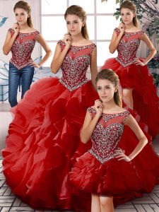 Gorgeous Organza Scoop Sleeveless Zipper Beading and Ruffles Sweet 16 Dress in Red