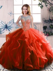 Dazzling Rust Red Scoop Neckline Beading and Ruffles Ball Gown Prom Dress Sleeveless Lace Up