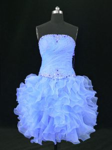 Beauteous Blue Prom and Party and Military Ball with Beading and Ruffles Strapless Sleeveless Lace Up