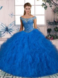 Blue Off The Shoulder Lace Up Beading and Ruffles Quinceanera Gown Sleeveless