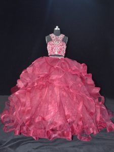 Dramatic Burgundy Quinceanera Gowns Sweet 16 and Quinceanera with Beading and Ruffles Scoop Sleeveless Brush Train Backless