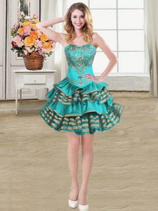 Embroidery and Ruffled Layers Dress Like A Star Teal Lace Up Sleeveless Mini Length