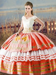 Custom Made Satin Sleeveless Floor Length Quinceanera Gowns and Embroidery and Ruffled Layers