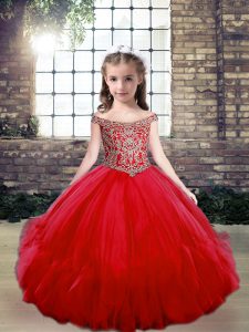 Off The Shoulder Sleeveless Tulle Little Girls Pageant Gowns Beading Lace Up