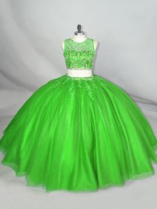 Scoop Sleeveless Quinceanera Gowns Floor Length Beading and Appliques Green Tulle