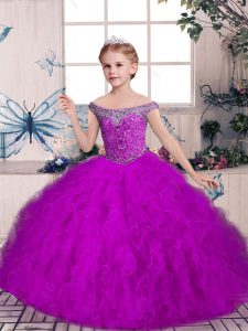 Stylish Purple Sleeveless Beading and Ruffles Floor Length Custom Made Pageant Dress