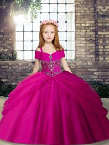 Custom Fit Beading Little Girl Pageant Dress Fuchsia Lace Up Sleeveless Floor Length