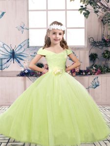 Amazing Off The Shoulder Sleeveless Little Girls Pageant Dress Floor Length Lace and Belt Yellow Green Tulle