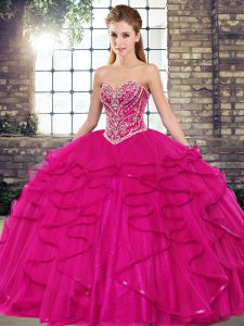 Customized Floor Length Fuchsia Quinceanera Gown Sweetheart Sleeveless Lace Up