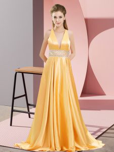 Popular V-neck Sleeveless Runway Inspired Dress Brush Train Beading Gold Elastic Woven Satin
