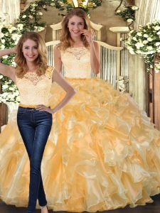 Floor Length Clasp Handle Quinceanera Gown Gold for Military Ball and Sweet 16 and Quinceanera with Lace and Ruffles