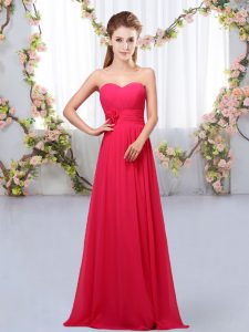 Super Sleeveless Chiffon Floor Length Lace Up Wedding Guest Dresses in Hot Pink with Hand Made Flower