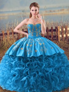 Floor Length Baby Blue Ball Gown Prom Dress Fabric With Rolling Flowers Brush Train Sleeveless Embroidery and Ruffles