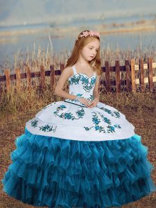 Blue Lace Up Little Girl Pageant Gowns Sleeveless Floor Length Embroidery and Ruffled Layers