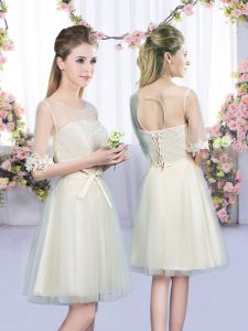 Unique Champagne Scoop Lace Up Lace and Bowknot Quinceanera Dama Dress Half Sleeves