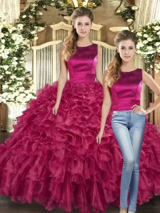 Scoop Sleeveless Lace Up Sweet 16 Dresses Fuchsia Organza