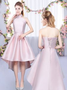 Deluxe Baby Pink Lace Up Bridesmaid Dress Ruching Sleeveless High Low