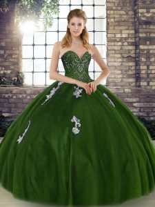 Sleeveless Floor Length Beading and Appliques Lace Up Quince Ball Gowns with Olive Green