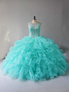 Most Popular Aqua Blue Sleeveless Beading and Ruffles Lace Up Quince Ball Gowns