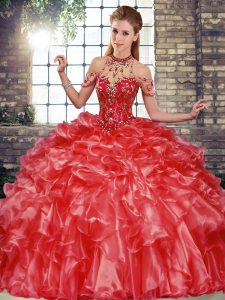 Glittering Halter Top Sleeveless Organza 15 Quinceanera Dress Beading and Ruffles Lace Up