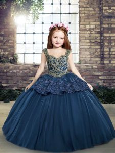 Sleeveless Tulle Floor Length Lace Up Little Girl Pageant Dress in Navy Blue with Beading and Appliques