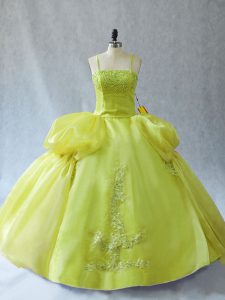 Sleeveless Floor Length Appliques Lace Up Sweet 16 Dresses with Yellow Green