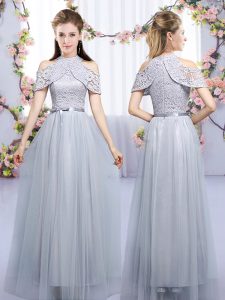 Sleeveless Tulle Floor Length Zipper Bridesmaid Dresses in Grey with Lace and Belt
