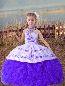 Lavender Halter Top Lace Up Beading and Embroidery and Ruffles Little Girls Pageant Gowns Sleeveless