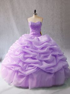 Sleeveless Organza Floor Length Lace Up Sweet 16 Quinceanera Dress in Lavender with Beading and Pick Ups