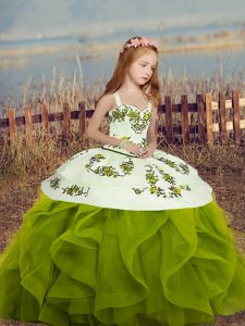 High End Floor Length Olive Green Little Girls Pageant Dress Long Sleeves Embroidery and Ruffles