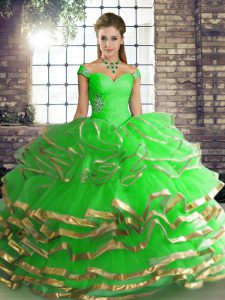 Vintage Green Tulle Lace Up Quinceanera Dresses Sleeveless Floor Length Beading and Ruffled Layers