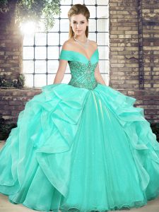 Apple Green Off The Shoulder Lace Up Beading and Ruffles Quinceanera Gown Sleeveless