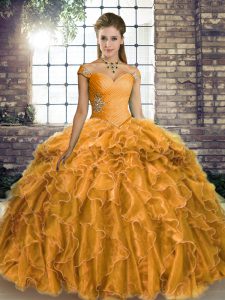 Top Selling Gold Lace Up 15th Birthday Dress Beading and Ruffles Sleeveless Brush Train