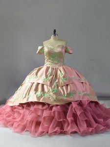 Pink Lace Up Sweet 16 Quinceanera Dress Embroidery and Ruffles Sleeveless Floor Length Chapel Train