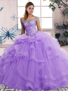 Simple Lavender Lace Up Quinceanera Gown Beading and Ruffles Sleeveless Floor Length
