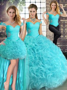 High End Aqua Blue Sleeveless Beading Floor Length Sweet 16 Dresses