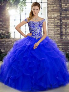 Graceful Off The Shoulder Sleeveless Tulle Sweet 16 Quinceanera Dress Beading and Ruffles Brush Train Lace Up